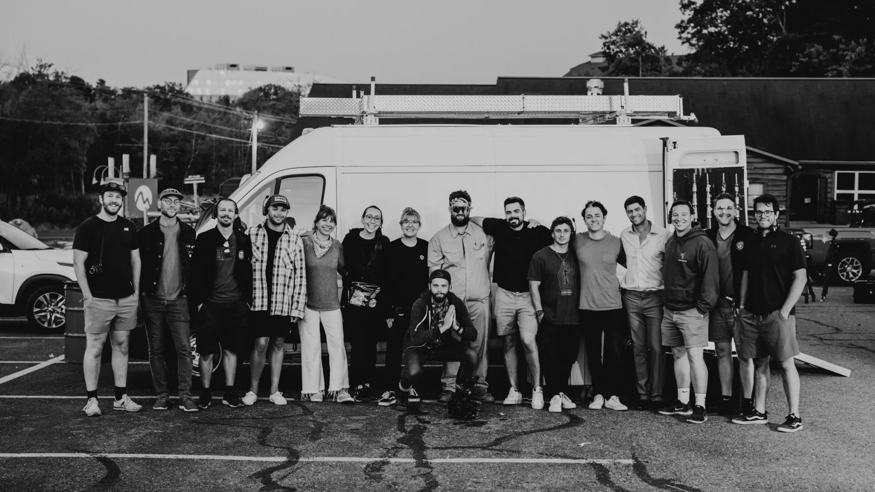 Most of the core Aumen crew at wrap on a recent shoot — group photo on location.